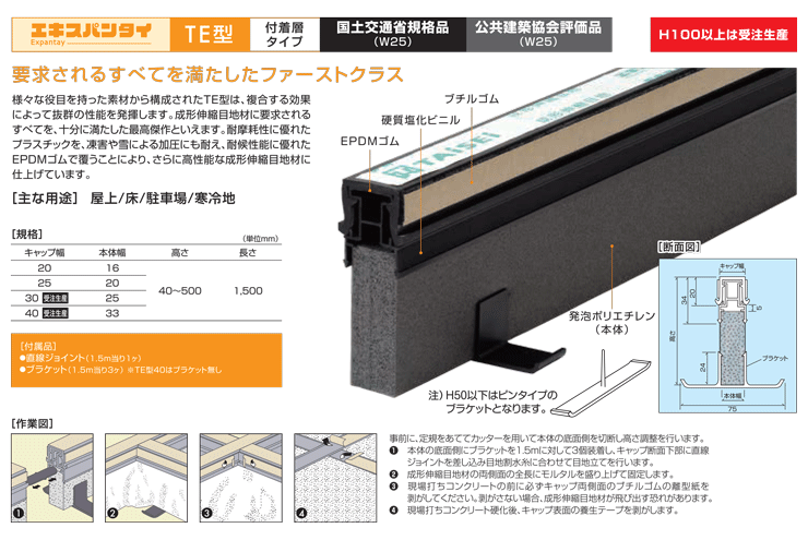 成形伸縮目地 エキスパンタイ TE型20 キャップ幅20×高さ50×長さ1500mm