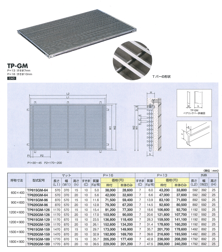 中部コーポレーション　ステンレス製玄関マット　TP620GM-189　(1800×900・P=13・外枠付)