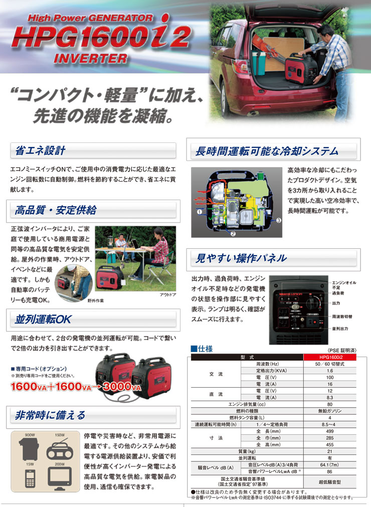ワキタ インバーター発電機 HPG1600i2 (定格出力1.6KVA) 軽量