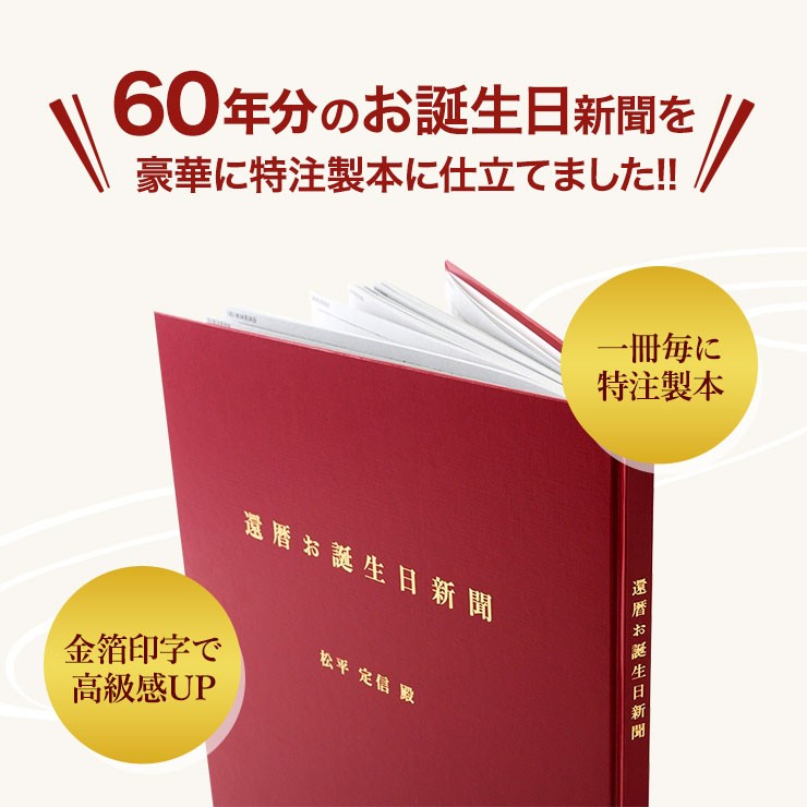 還暦祝い ギフト プレゼント 名入れ 60歳 お祝い 女性 男性 贈り物 お誕生日新聞 生まれた日から毎年 誕生日の新聞 60枚セット 上製本 高級  オーダーメイド : 08020806001111957 : お誕生日新聞 - 通販 - Yahoo!ショッピング