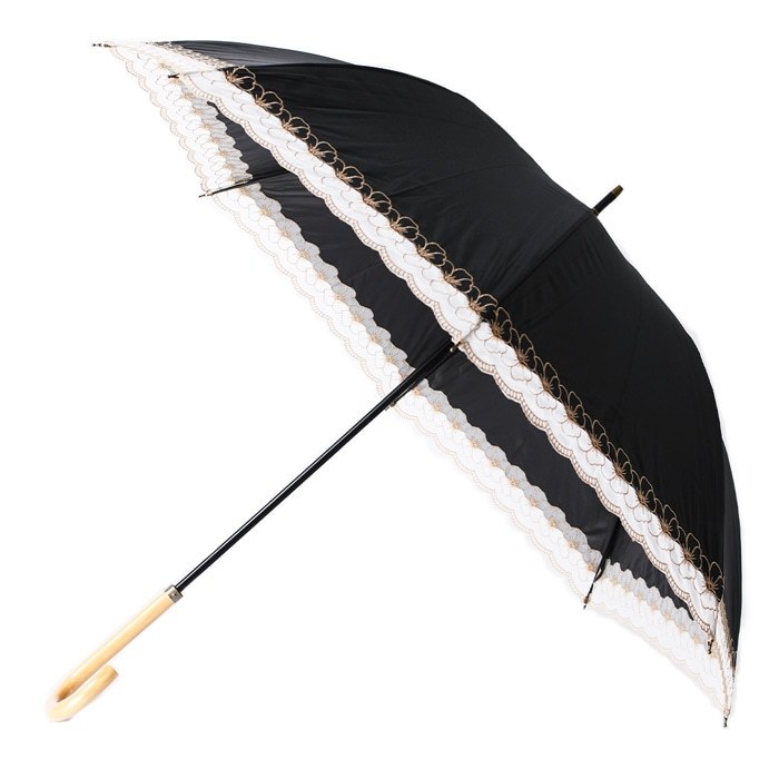 刺繍 日傘 レース 高級 長傘 遮光 花 柄 木 製 ブラック 黒 ネイビー 