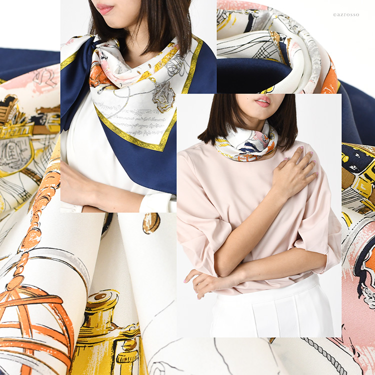 日本製 シルク スカーフ 大判 正方形 90cm マリン 柄 ネイビー