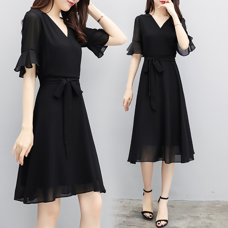 ワンピースレディースきれいめシフォンワンピース半袖夏ワンピースシフォンロングワンピース膝丈ワンピース黒aラインワンピvネック体型カバー40代五分袖 Sg2339 Shinga Shop 通販 Yahoo ショッピング