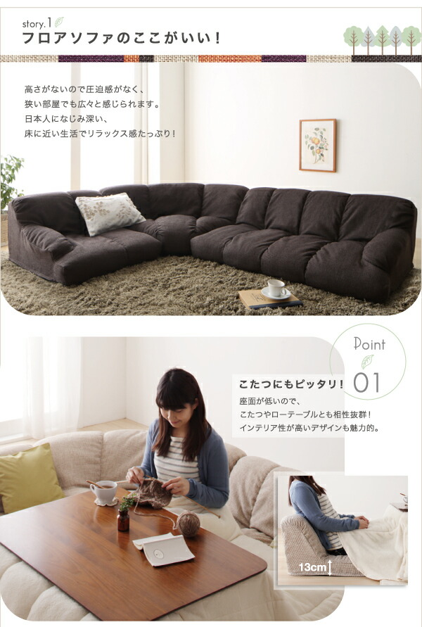 フロアソファ フロアコーナーソファ ロータイプ 左コーナータイプ 1P+