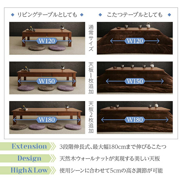 天然木ウォールナット材3段階伸長式こたつテーブル こたつテーブル単品 長方形(80×120〜180cm)｜shiningstore-next｜03