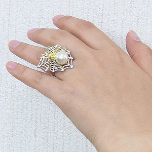 パール:真珠:指輪:南洋白蝶真珠:11mm:リング:K18WG:ホワイトゴールド:K18:ゴールド:18金:ダイヤモンド:クモ:蜘蛛:スパイダー