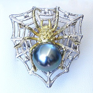 ブラックパール:黒真珠:指輪:タヒチ黒蝶真珠:10mm:リング:Pt900:プラチナ:K18:ゴールド:18金:ダイヤモンド:クモ:蜘蛛:スパイダー