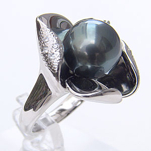 タヒチ黒蝶真珠:リング:パール:グリーン系:11mm:PT900:プラチナ:指輪:ダイヤモンド