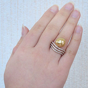 真珠:ゴールデンパール:指輪:南洋白蝶真珠:12.5mm:ゴールド系:K18PG:ピンクゴールド:ダイヤモンド:0.51ct:リング