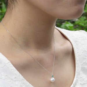 パール 1粒 ネックレス エメラルド付き 10k 真珠 パール ペンダント あこや本真珠 エメラルド アズキチェーン 5月