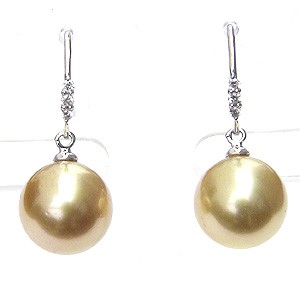 パール:ピアス:真珠:ゴールデンパール:南洋白蝶真珠:ゴールド系:直径10mm:ダイヤモンド:0.06ct:K18WG:ホワイトゴールド