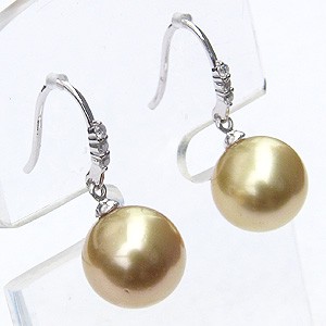 パール:ピアス:真珠:ゴールデンパール:南洋白蝶真珠:ゴールド系:直径10mm:ダイヤモンド:0.06ct:K18WG:ホワイトゴールド