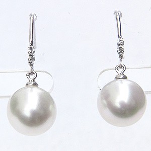 南洋白蝶真珠:10mm:パール:ピアス:K18WG:ホワイトゴールド:ホワイト色真珠:セミラウンド形:アメリカンフック式:揺れるブラタイプ