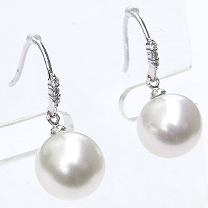 南洋白蝶真珠:10mm:パール:ピアス:K18WG:ホワイトゴールド:ホワイト色真珠:セミラウンド形:アメリカンフック式:揺れるブラタイプ