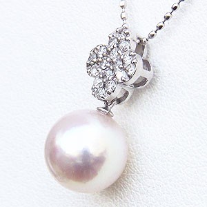真珠 ネックレス パール 本真珠 9mm ダイヤモンド 0.17ct ホワイト