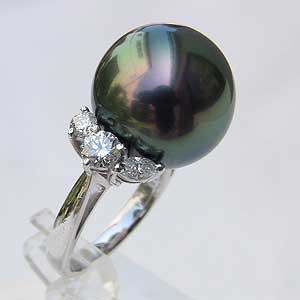 タヒチ黒蝶真珠:リング:15mm:ピーコックグリーン:ダイヤモンド:1.02ct:指輪:PT900:プラチナ