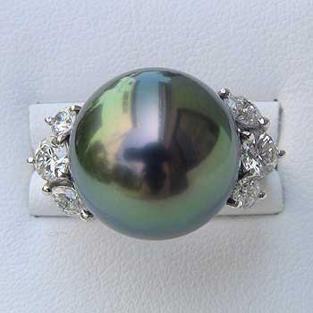 タヒチ黒蝶真珠:リング:15mm:ピーコックグリーン:ダイヤモンド:1.02ct:指輪:PT:プラチナ