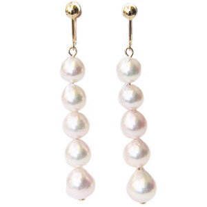 真珠 パール イヤリング あこや本真珠 5連 ピンクホワイト系 6.5mm 7mm