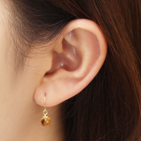 ピアス フックピアス シトリン 天然 6mm 黄水晶 ミラーボールカット 18