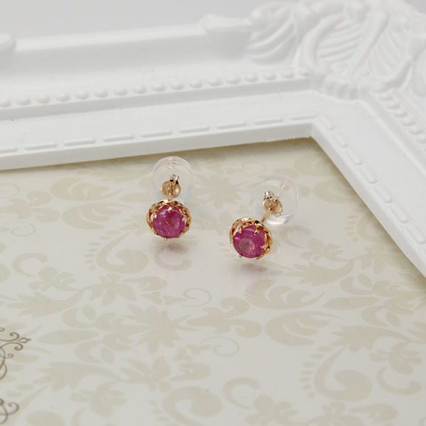 ルビー ダイヤモンド取り巻きゴールドピアス 刻印あり 彼女へのプレゼント K18YG ルビー&ダイヤモンド フープピアス 18金