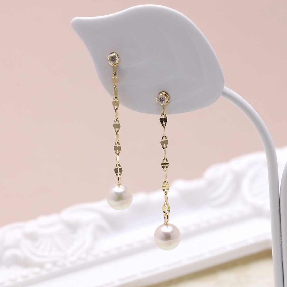 k18 ピアス パール ダイヤモンド 2WAY チェーン ロング 揺れる