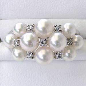 あこや本真珠:リング:ダイヤモンド:0.12ct:パール:ピンクホワイト系:３〜４mm:K18WG:ホワイトゴールド:指輪（アコヤ本真珠）