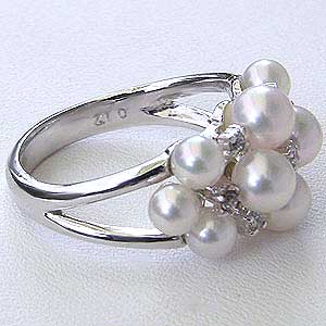 あこや本真珠:リング:ダイヤモンド:0.12ct:パール:ピンクホワイト系:３〜４mm:K18WG:ホワイトゴールド:指輪（アコヤ本真珠）