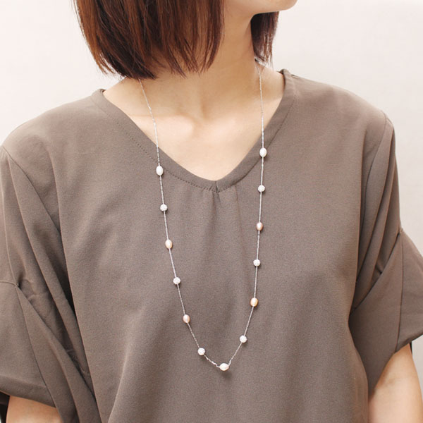 ロングネックレス パールネックレス ステーションネックレス レディース 淡水真珠 淡水パール 7-9mm ライス型 約80cm マルチカラー プレゼント ギフト | ブランド登録なし | 01