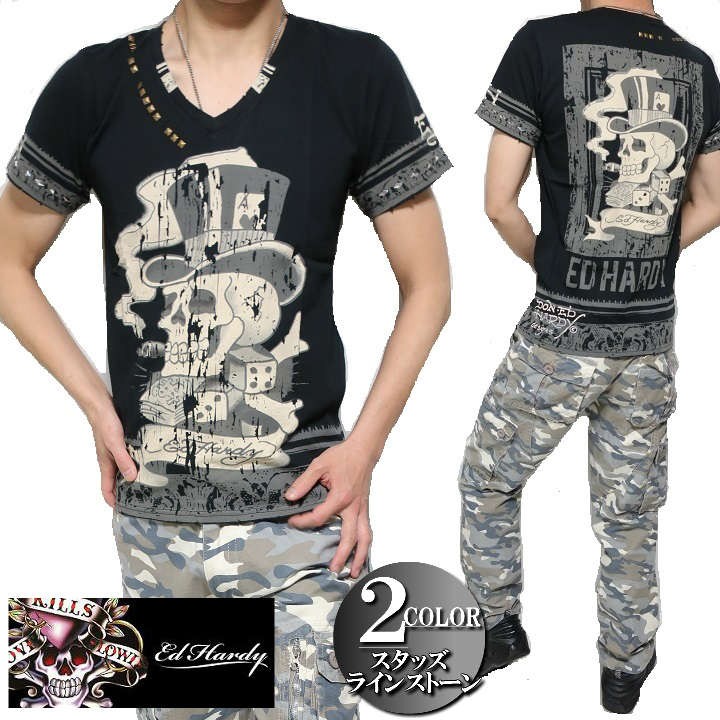 エドハーディー Tシャツ メンズ ED HARDY スタッズ ハット スカル 半袖 Vネック