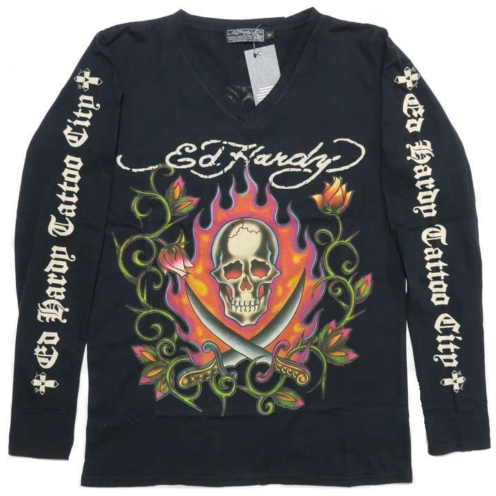 エドハーディー ed hardy Tシャツ ロンT メンズ 長袖 スカル/炎 Vネック