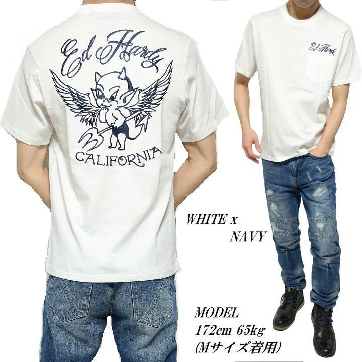 エドハーディー ed hardy Tシャツ メンズ デビル/小悪魔 刺繍 ウイング ポケット 半袖 ブラック/ホワイト サイズM-XL｜shinkirohjacket｜04