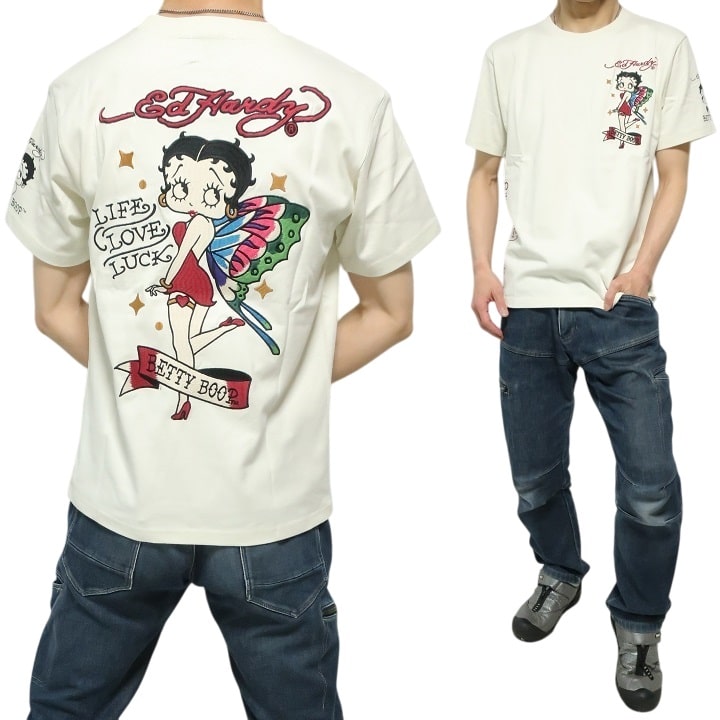（8）ED Hardy Betty Boopストーン装飾 Tシャツ 白 Ed Hardy（エド・ハーディー） ベティーブープ Tシャツ ベティブープ