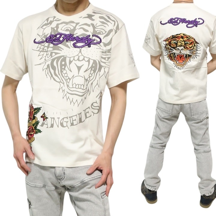 正規品エドハーディー　ユニセックス　半袖Tシャツ ドクロキラキラ花柄　　前面虎 Ed Hardy（エド・ハーディー） Tシャツ タイガー/トラ/虎/寅/ メンズ