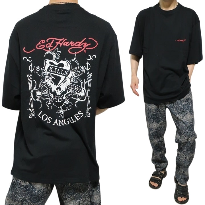 【人気☆かわいい☆オシャレ☆Ed Hardy】黒Tシャツ　ドクロ　ハート M Ed Hardy エドハーディー ed hardy Tシャツ メンズ 背中