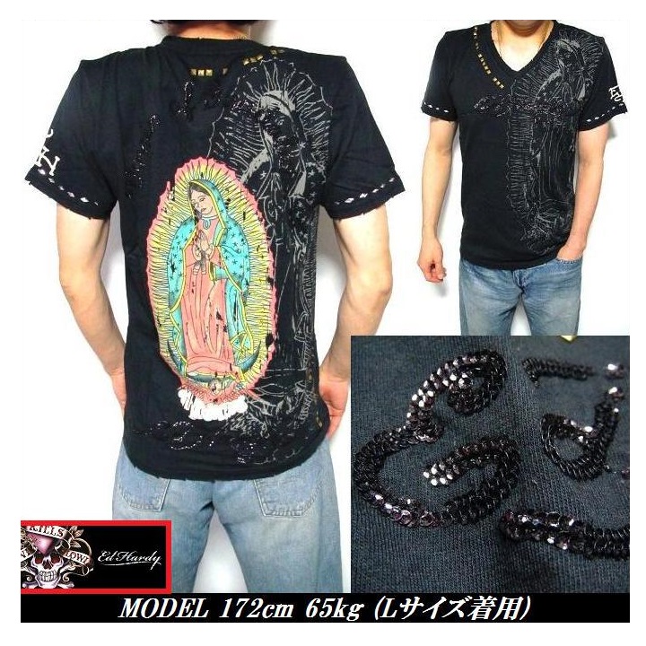 エドハーディー Tシャツ メンズ ED HARDY マリア Vネック スタッズ 半袖