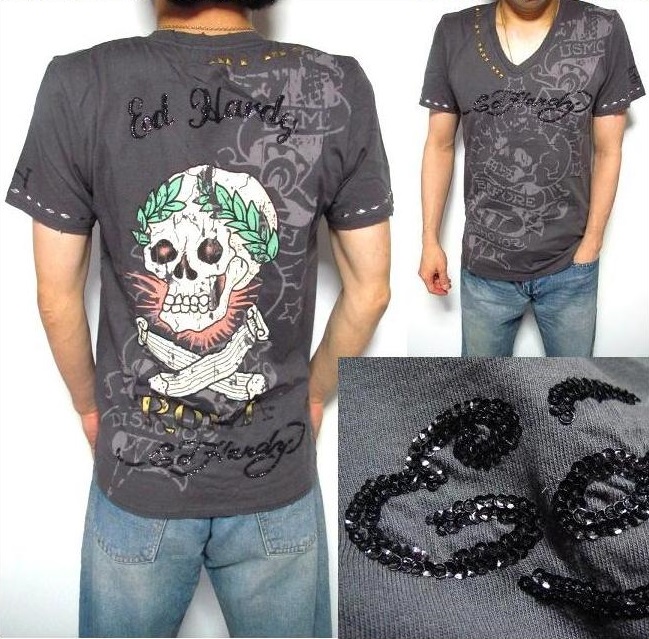 エドハーディー Tシャツ メンズ ED HARDY 半袖 ローマ/スカル Vネック