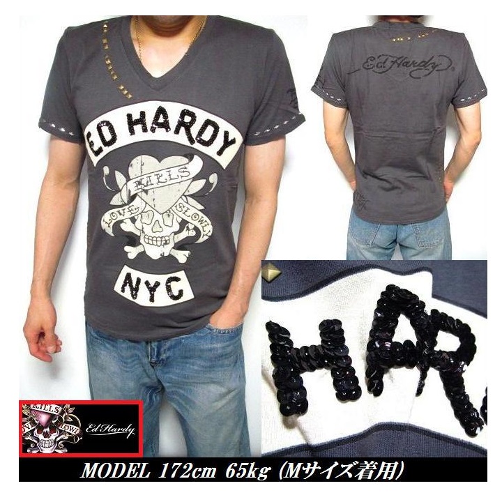 エドハーディー Tシャツ メンズ ED HARDY スカル Vネック スタッズ 大文字