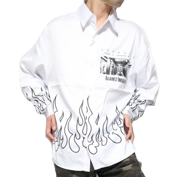 長袖シャツ メンズ ファイヤー プリント シャツ ワイドサイズ/ビッグサイズ ブラック/ホワイト