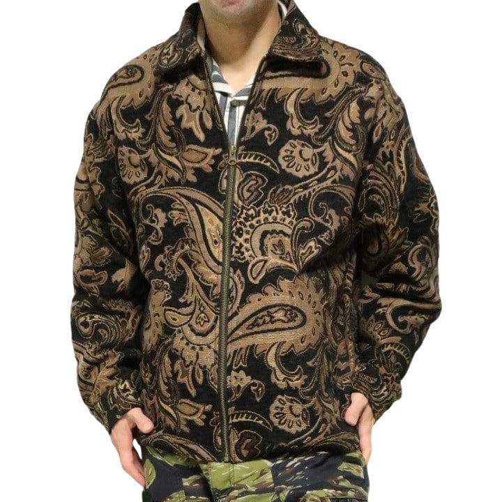 スイングトップ メンズ ジャケット ペイズリー ゴブラン生地 刺繍 ブルゾン/アウター オーバーサイズ ブラック/ブラウン