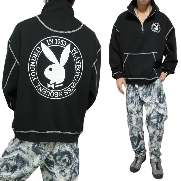 MEDM×PLAYBOY 長袖Tシャツ ロゴ刺繍 スウェット 男女兼用 4色 PLAYBOY PLAYBOY/プレイボーイ スウェット/ハーフジップ/裏起毛