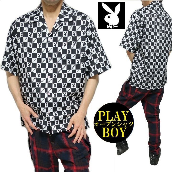 PLAY BOY プレイボーイ ボーリングシャツ メンズ チェッカー/オープンシャツ チェック ラビット/ウサギ 半袖 ブラック/ホワイト M-XL
