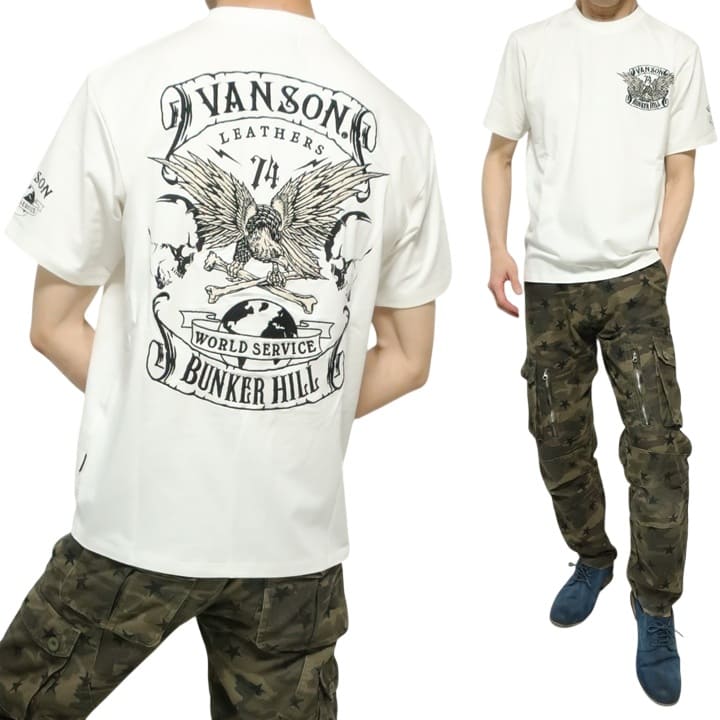 ＊VANSON ウォバッシュ イーグル 刺繍 襟 袖 プリント つなぎ XL VANSON（バンソン） VANSON Tシャツ スカル/ドクロ イーグル/クロス