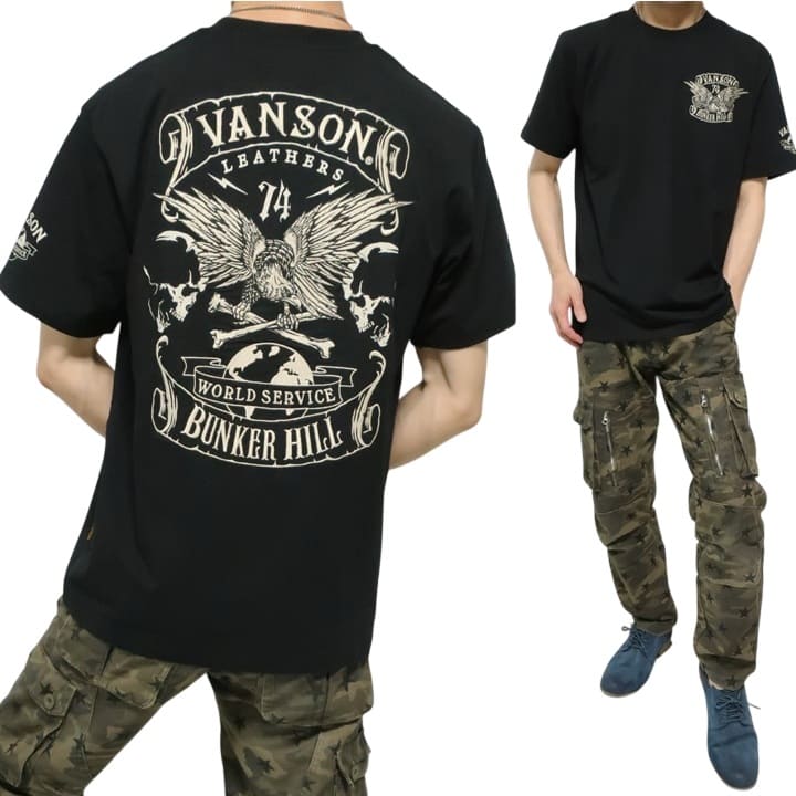 ＊VANSON ウォバッシュ イーグル 刺繍 襟 袖 プリント つなぎ XL VANSON（バンソン） VANSON Tシャツ スカル/ドクロ イーグル/クロス