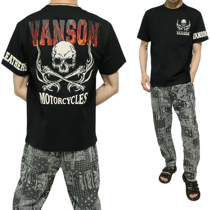 VANSON（バンソン） VANSON Tシャツ メンズ ファイヤー/スカル/炎 刺繍 