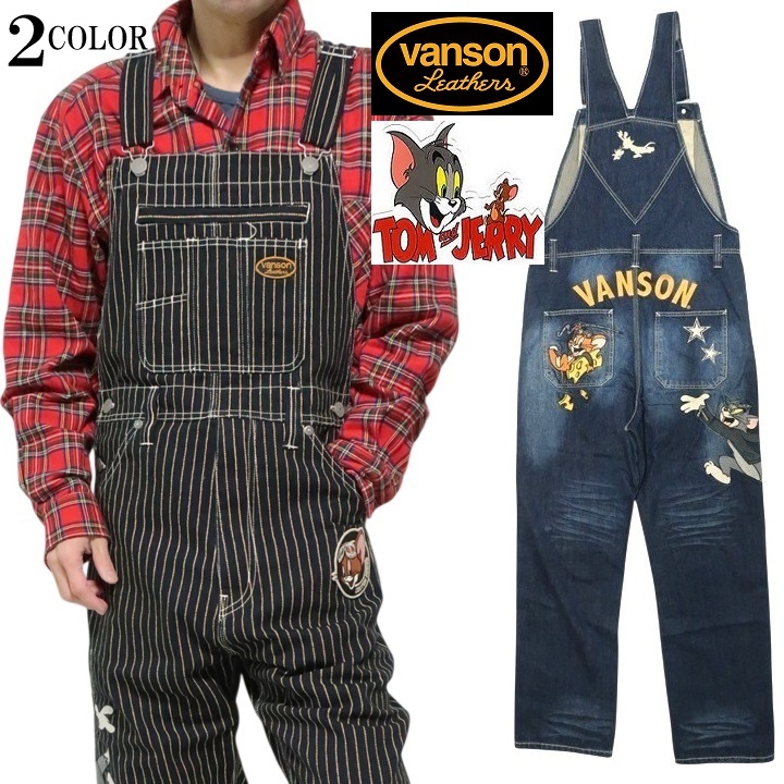 vanson ダークデニム オーバーオール美品、裾に少しダメージ有り‼️ VANSON（バンソン） トムとジェリー オーバーオール コラボ 刺繍