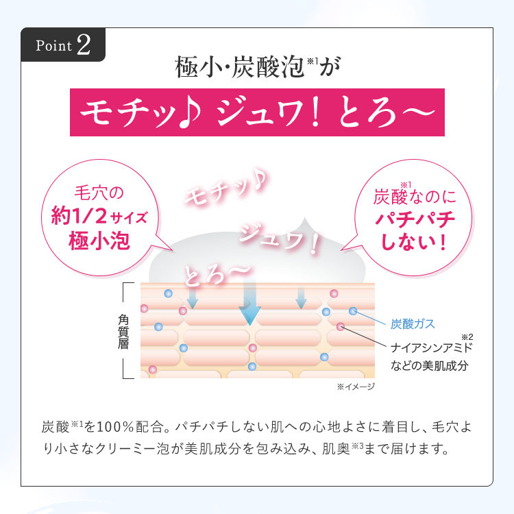 ポイント2極小炭酸泡がモチッジュワとろ〜