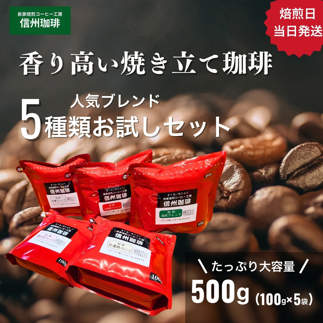 信州珈琲 コーヒー豆 珈琲 お試し お得 福袋 ブレンド100g×5種 合計