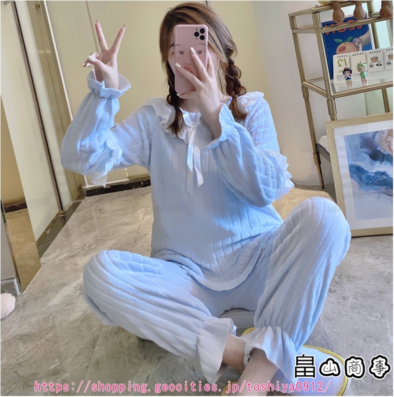 パジャマ　 レディース 　冬 リボン　無地　お嬢さん　上下セット 　寝巻き ふわもこ　ルームウェア 　モコモコ 　部屋着 　可愛い