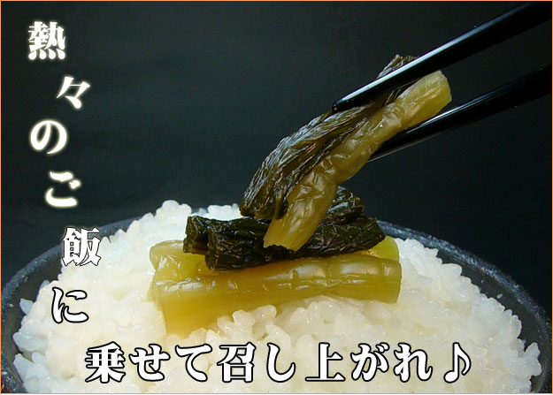 ご飯の上に乗せた野沢菜本漬