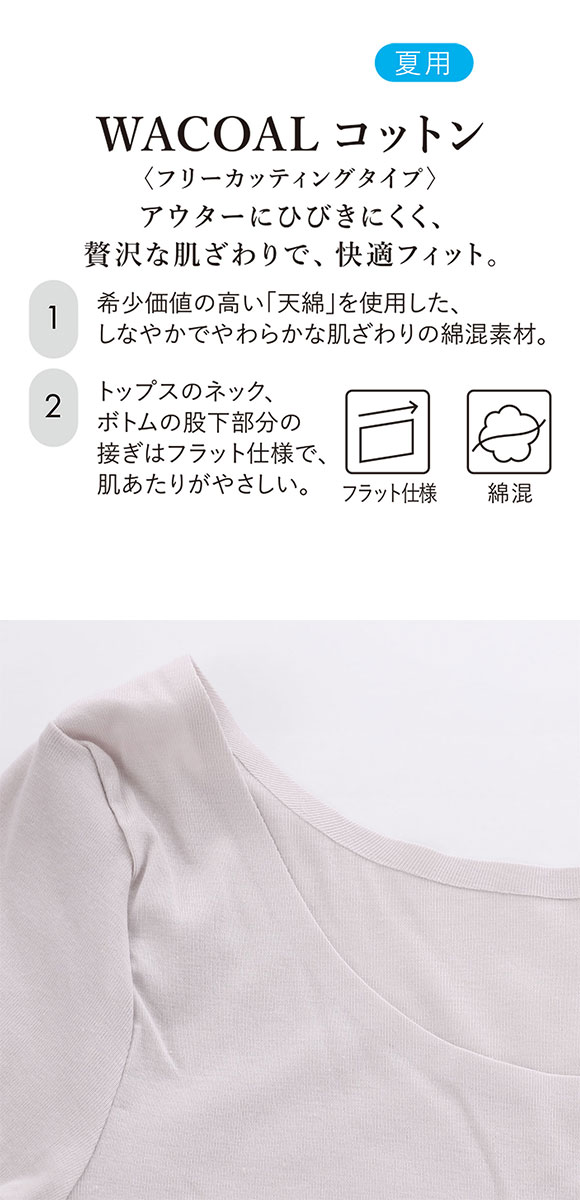 ワコール WACOALコットン フリーカッティングタイプ 天綿 2分袖 半袖 ML Wacoalインナー ニットトップ
